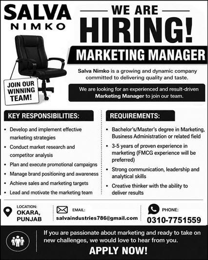 Salva Foods Industry Marketing Manager Jobs