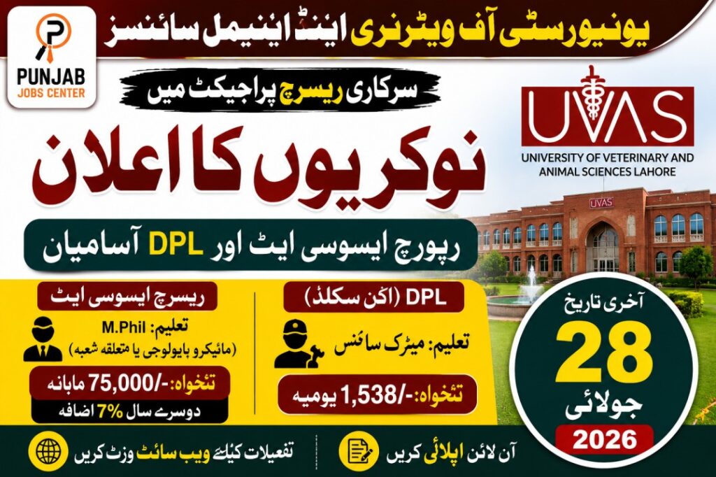 UVAS Lahore Research Project Jobs 2026