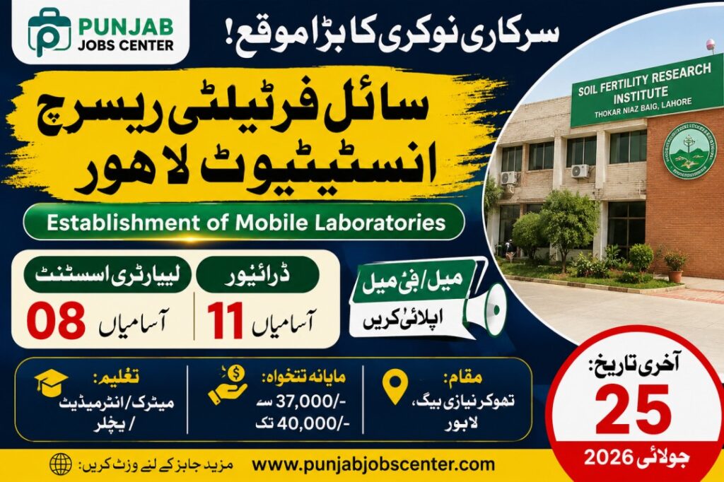 Soil Fertility Research Institute SFRI Lahore Jobs 2026 – Mobile Laboratories Project Announces 19 Contract Vacancies Across Punjab